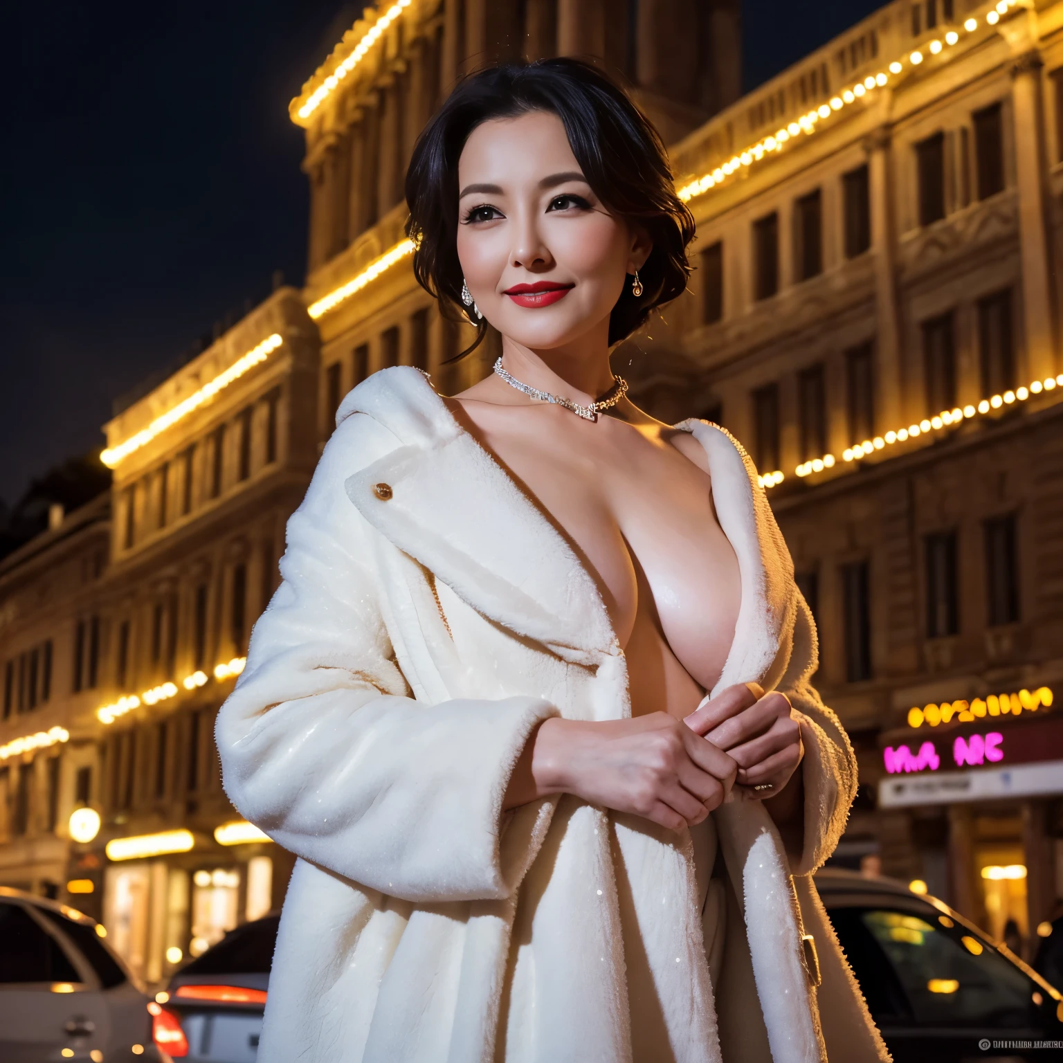 ((highest quality、8K resolution、master masterpiece、professional photography)), Photoreal, 1 Japanese female, Beautiful woman, (The most elegant and beautiful 45 year old mature woman:1.2), wrinkles around the eyes, slender,roman city at christmas night, Rome Christmas night view,Neon Street,Sparkling neon lights,romantic roman night,smile shyly at me,Smile at me,look at me affectionately、(most elegant woman'Luxury coat:1.2)、big and full breasts,Winter clothes that emphasize your bust,(snowy christmas night:1.1),snowy night,Gorgeous illumination,(gorgeous giant christmas tree:1.1)、Glamorous background,perfect makeupアップ,Dark red lipstick,perfect makeup,eye shadow、long eyelashes、low contrast,great movie lighting,romantic lighting,Gorgeous illumination,(rome christmas streetscape:1.1),(gorgeous christmas illuminations:1.1)、(very moody and romantic:1.1)、Ultra-high definition beautiful skin