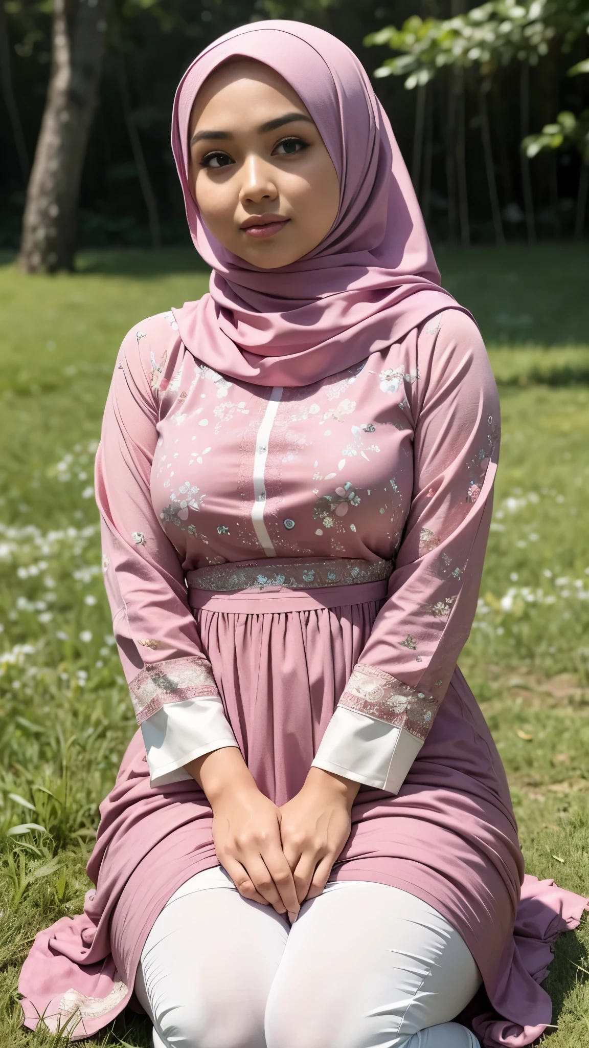 RAW, Best quality, high resolution, masterpiece: 1.3), beautiful Malay woman in hijab,Masterpiece, perfect  fit body, big breast, big gorgeous eyes, Soft smile,thick thighs,beautiful face, glossy lips,watery eyes, women in hijab wear small floral baju kurung malaysia in college,sitting in Meadow garden, Excellent lighting, Bright colors, Clean lines

