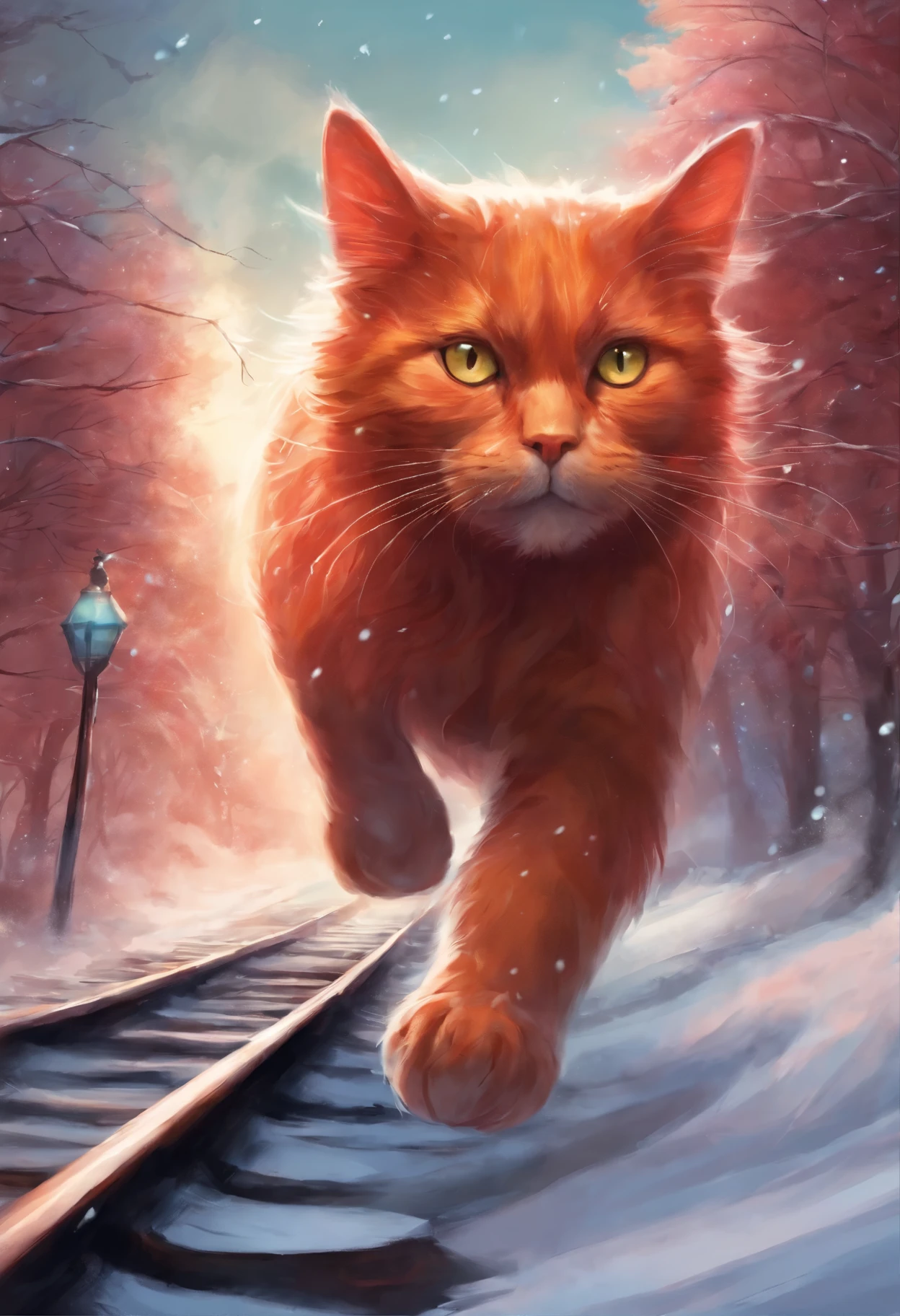 A red cat running after a departing train, The train goes into the sky with a red cat guide, snow is swirling in the sky.,
