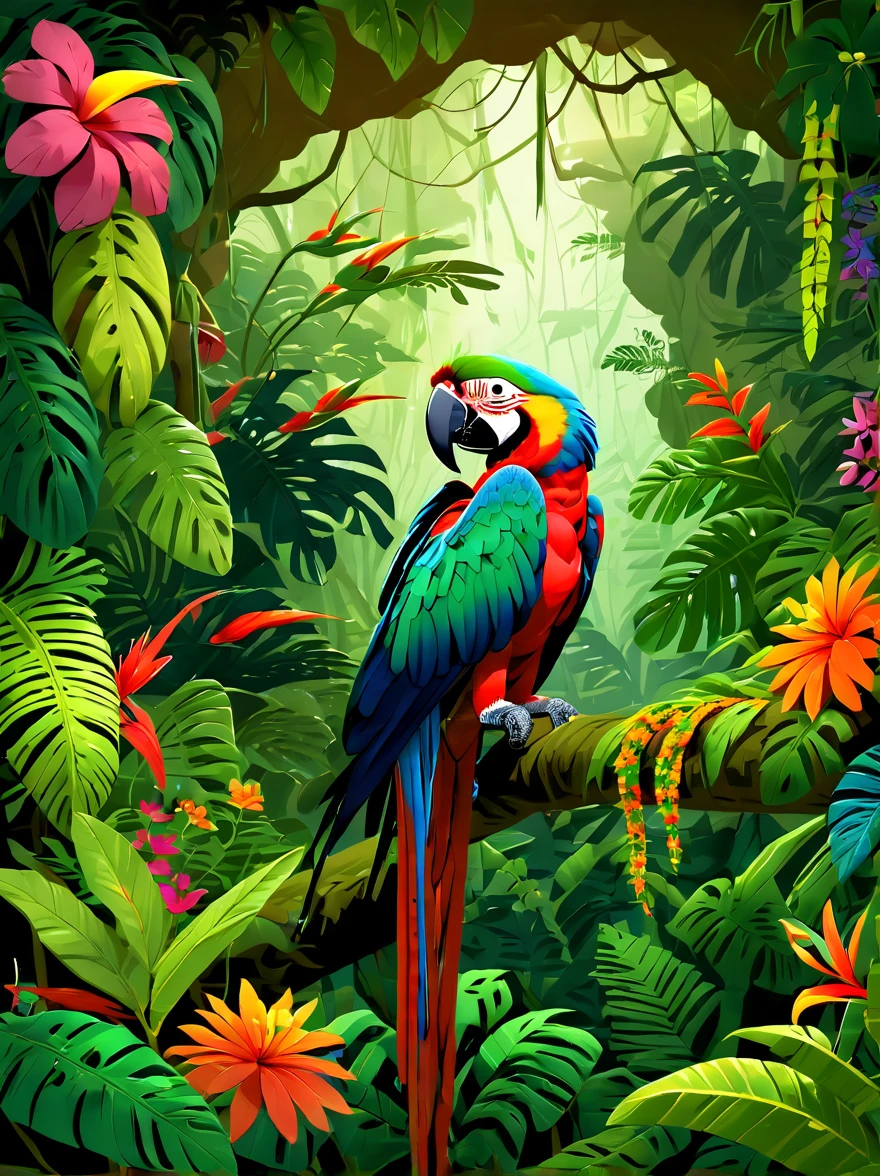 Rainforest，macaw，((lair:1.5))，branches，green leaves，Colorful flowers and diverse plants