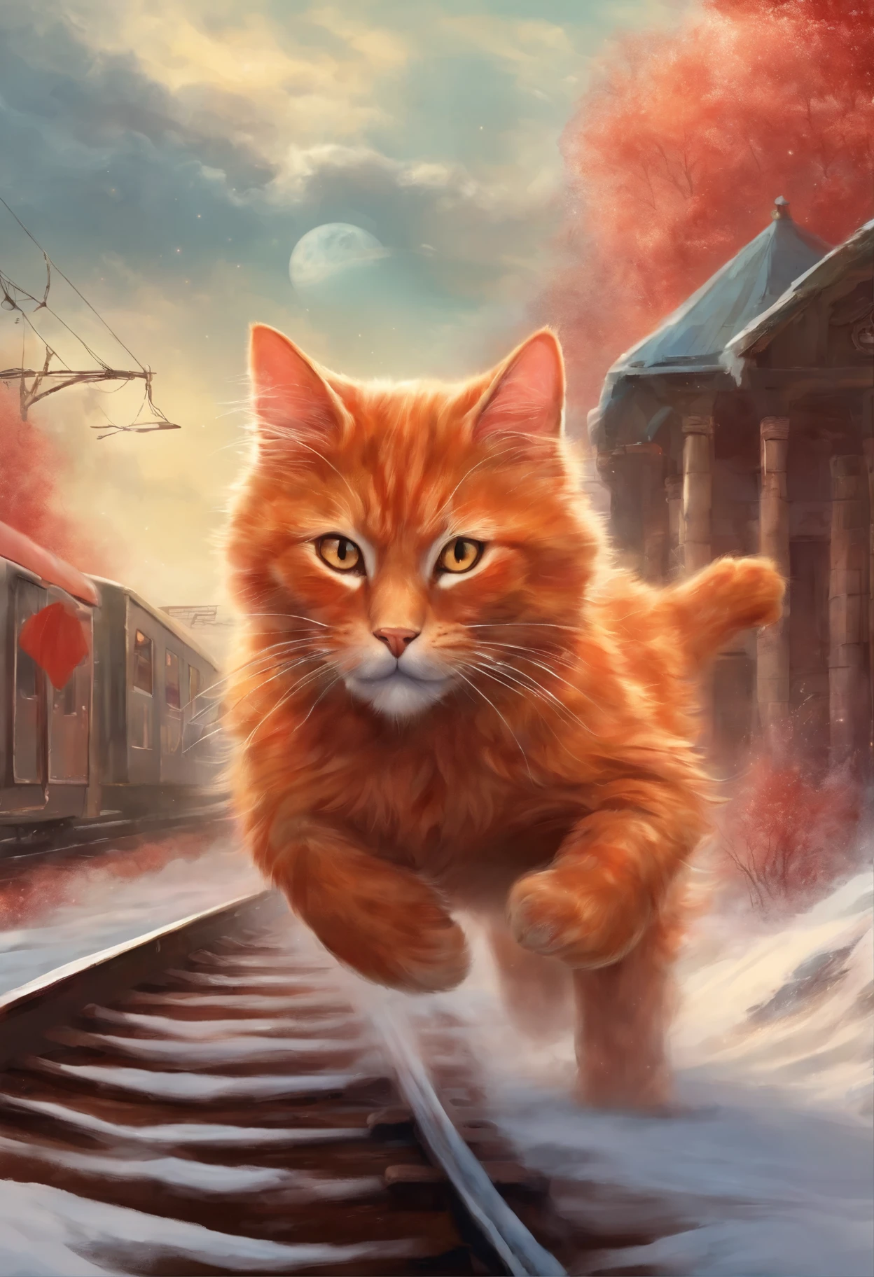 A red cat running after a departing train, The train goes into the sky with a red cat guide, snow is swirling in the sky.,