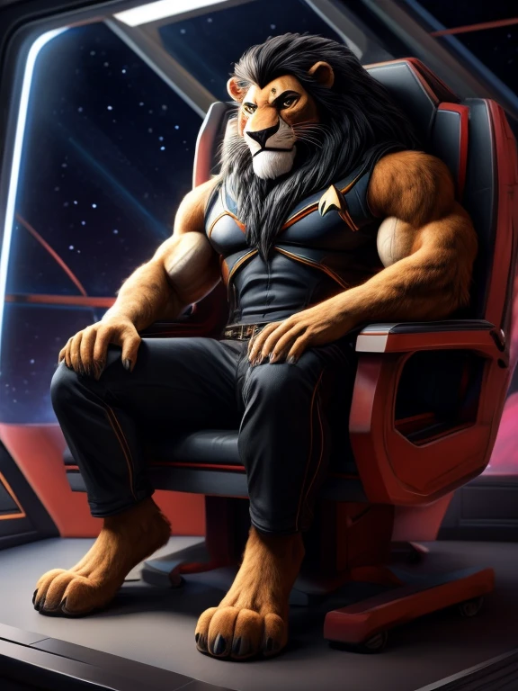 full body picture, full figure image, masterpiece, best quality, soft light, bokeh, real shadow, cinematic, The barefoot male muscular furry character resembling Scar from Lion King  (anthro lion with orange fur, black mane with with white strand), exudes confidence and authority as he sits in the captain's chair, and his red and black Star Trek Voyger uniform with the Starfleet Delta badge on his chest is a perfect match for his muscular figure. Handsome clawed feet paws dominate the bridge of the ship and its crew. Long black pants and red and black shirt without sleeves. Bridge of starship with many screens and consoles as background, futuristic look, metalic. high resolution, anatomically correct, digital art style, photoreal, visible feet, nice big paws with pawpads