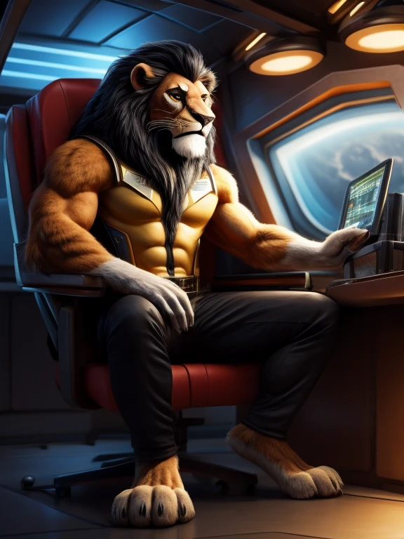 full body picture, full figure image, masterpiece, best quality, soft light, bokeh, real shadow, cinematic, The barefoot male muscular furry character resembling Scar from Lion King  (anthro lion with orange fur, black mane with with white strand), exudes confidence and authority as he sits in the captain's chair, and his red and black Star Trek Voyger uniform with the Starfleet Delta badge on his chest is a perfect match for his muscular figure. Handsome clawed feet paws dominate the bridge of the ship and its crew. Long black pants and red and black shirt without sleeves. Bridge of starship with many screens and consoles as background, futuristic look, metalic. high resolution, anatomically correct, digital art style, photoreal, visible feet, nice big paws with pawpads