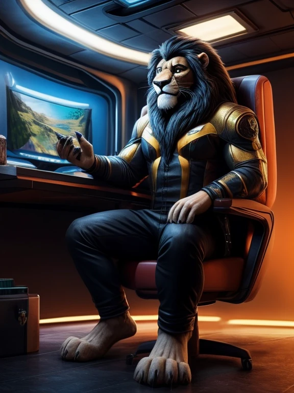 full body picture, full figure image, masterpiece, best quality, soft light, bokeh, real shadow, cinematic, The barefoot male muscular furry character resembling Scar from Lion King (anthro lion with orange fur, black mane with with white strand), exudes confidence and authority as he sits in the captain's chair, and his red and black Star Trek Voyger uniform with the Starfleet Delta badge on his chest is a perfect match for his muscular figure. Handsome clawed feet paws dominate the bridge of the ship and its crew. Long black pants and red and black shirt without sleeves. Bridge of starship with many screens and consoles as background, futuristic look, metalic. high resolution, anatomically correct, digital art style, photoreal, visible feet, nice big paws with pawpads