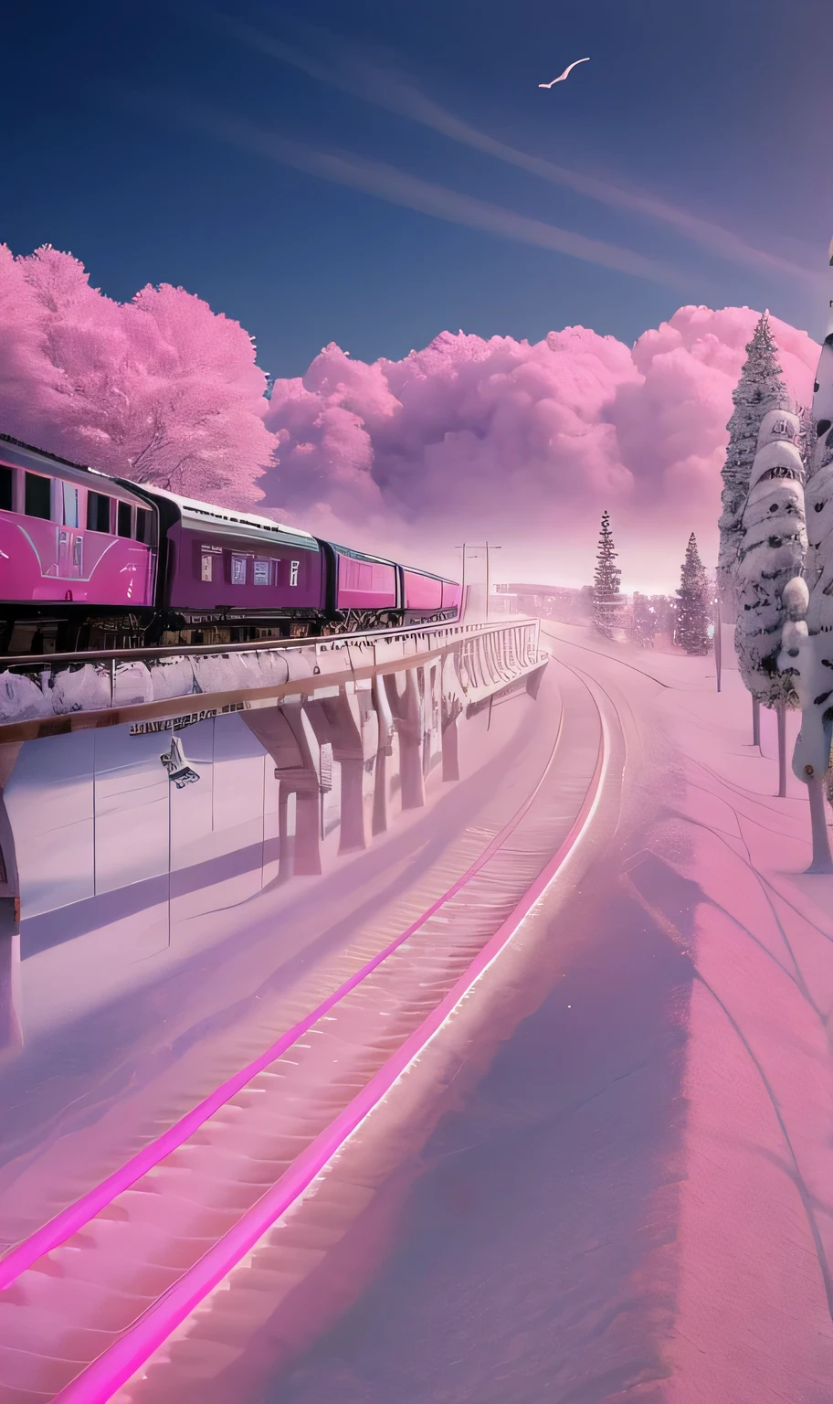 A train travels along the tracks in the snow, Pink soft light 4K, Beautiful digital artwork, 4k highly detailed digital art, Fantastic colors and atmosphere, fantasy matte，charming, Psychedelic ski resort, bible style, in style of bible, realism | bible, bible. hyperrealism
