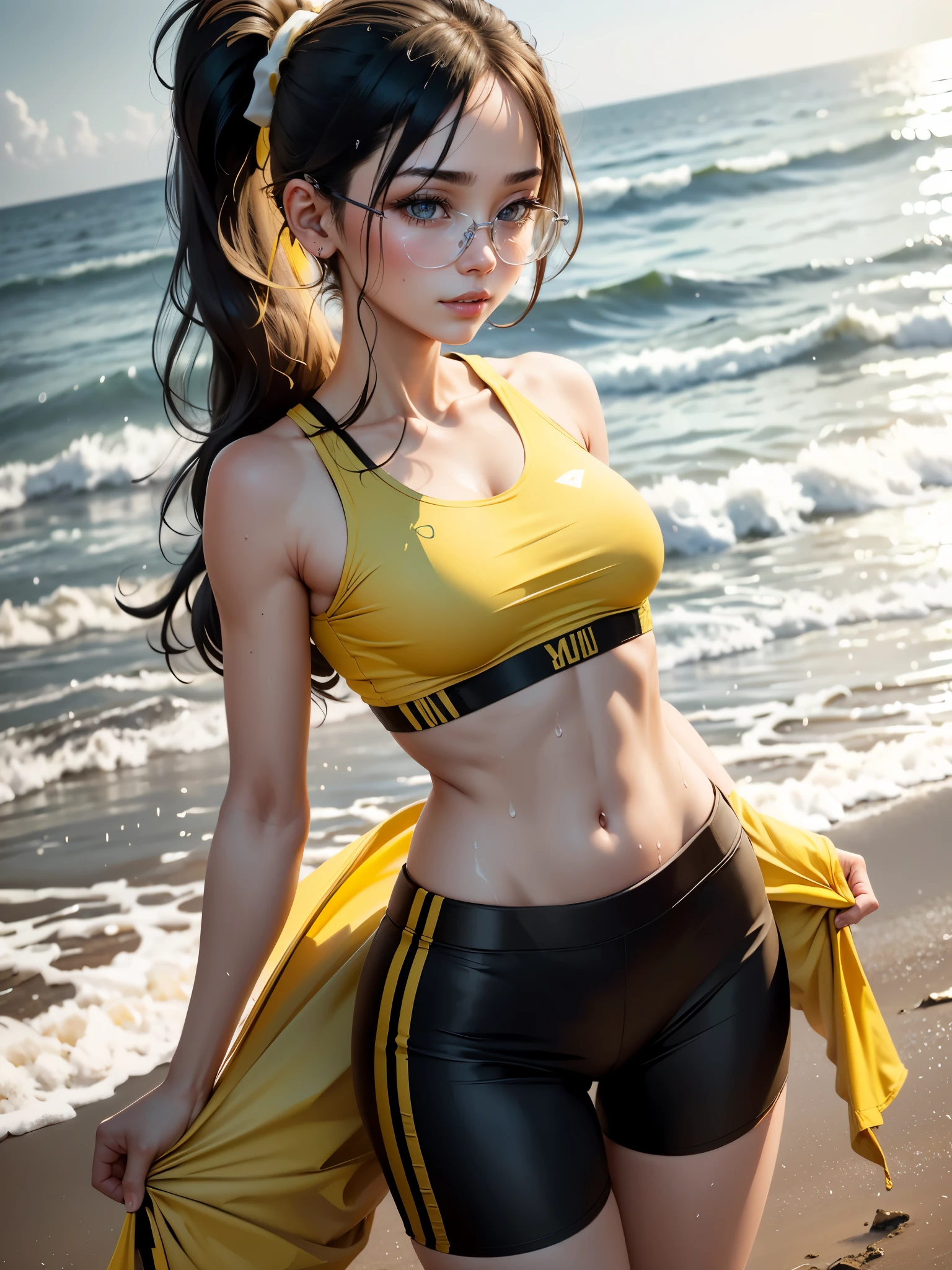 ((Jogging at the seaside)) 1 beautiful girl, 17 Years Old, high detail face, long hair in a ponytail,,,,, bangs, eyeglasses, Naughty smile, small breast, slim waist, small breast, slim waist, small hips, Small thightss, Unhealthy stomach, thights, Sweat, body dripping wet
((Tight sports bra with neck, Sports Pants((short tight)), (Yellow and black clothes))),(((underboob))),((wet clothes,Intricate costumes,Intricate clothing)),
((beach)), center,scale to fit the dimensions,rule of third, scenery:1.25,
anime, highres, crisp focus, (ultra-detail, Very detailed), Unity 8k壁纸),((Synthwave background theme)),(((vibrant colours))),(intricate background),(masterpiece),(bestquality),
