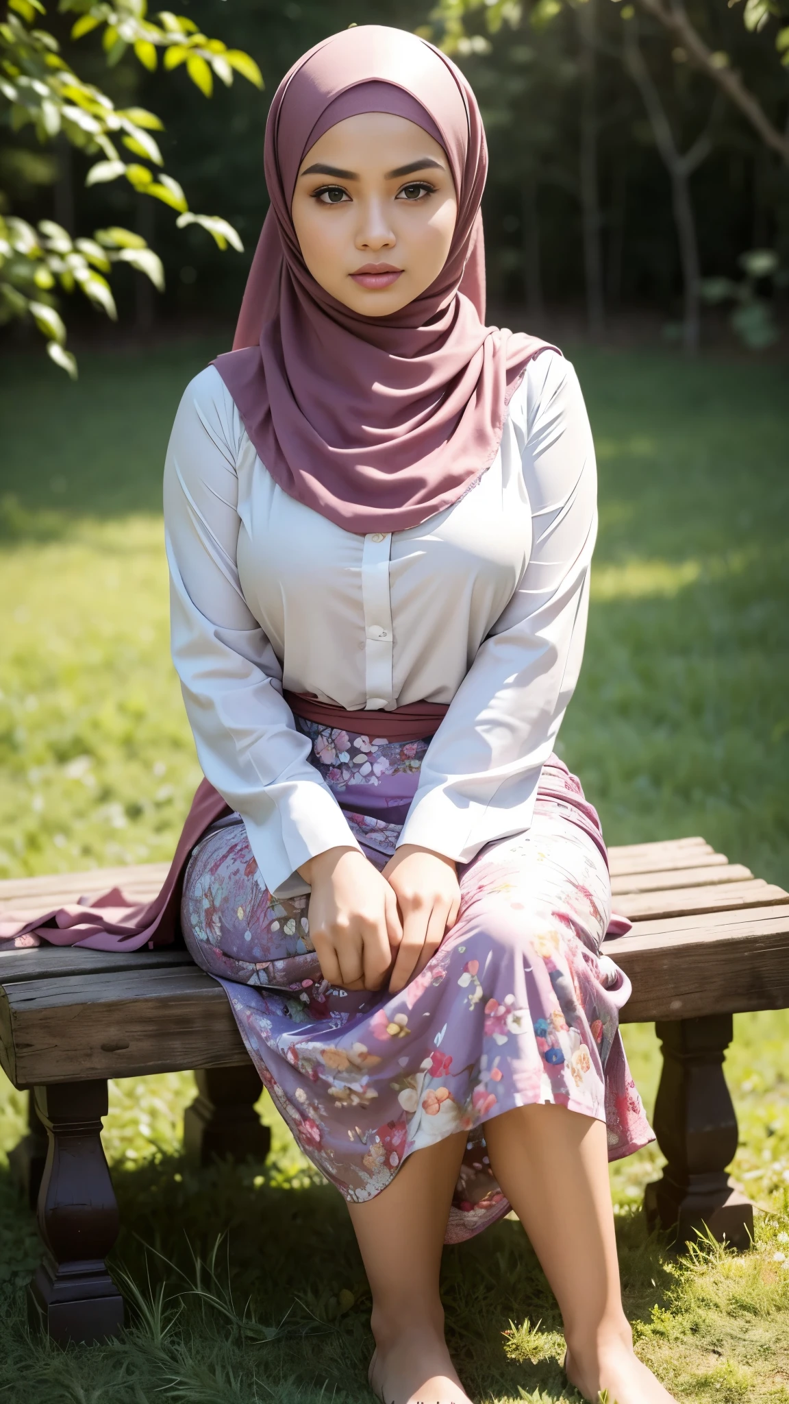 RAW, Best quality, high resolution, masterpiece: 1.3), beautiful Malay woman in hijab,Masterpiece, perfect fit body, big breast, big gorgeous eyes, Soft smile,thick thighs,beautiful face, glossy lips,watery eyes, women in hijab wear small floral baju kurung malaysia in college,sitting in Meadow garden, Excellent lighting, Bright colors, Clean lines