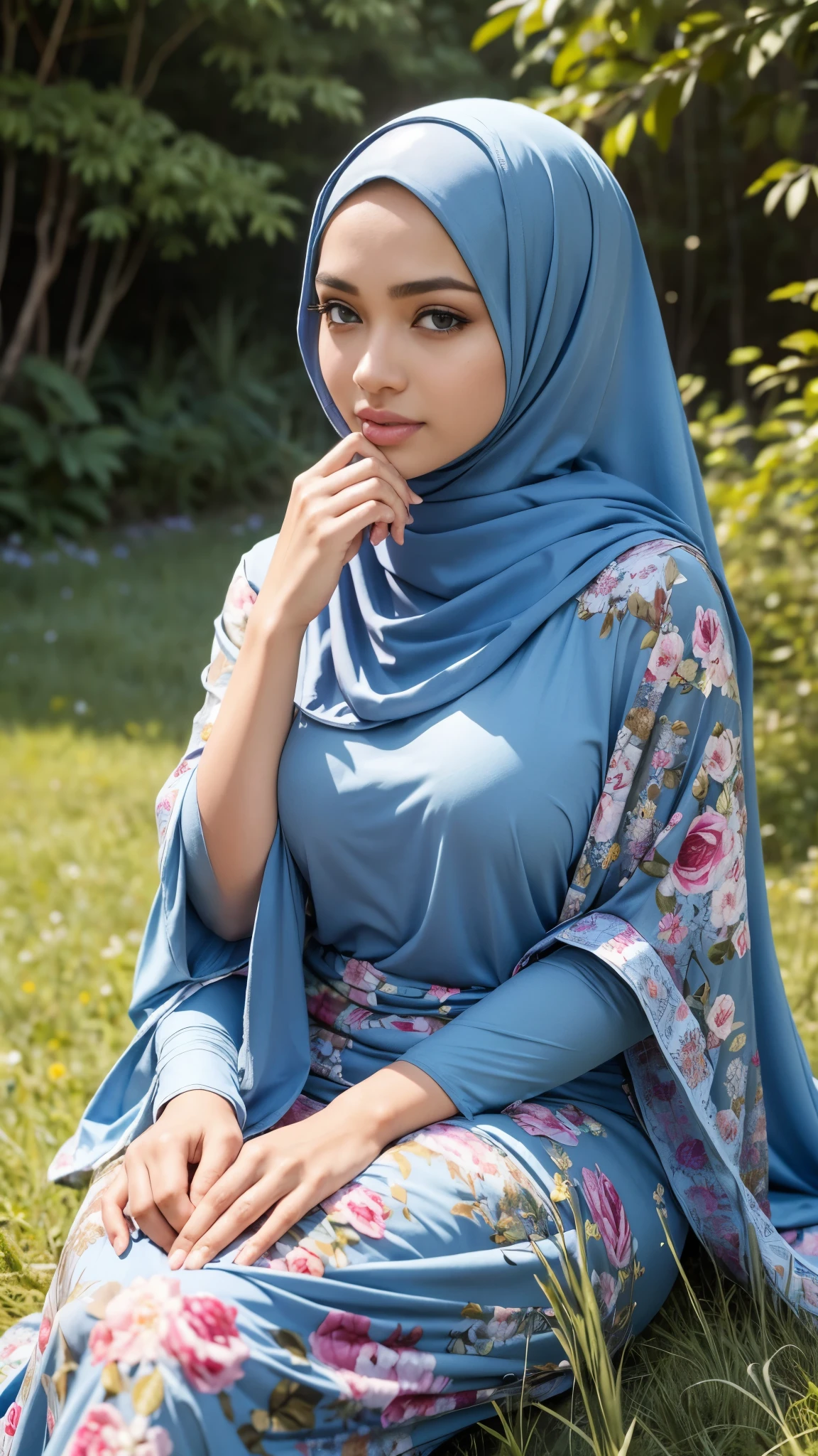RAW, Best quality, high resolution, masterpiece: 1.3), beautiful Malay woman in hijab,Masterpiece, perfect  fit body, big breast, big gorgeous eyes, Soft smile,thick thighs,beautiful face, glossy lips,watery eyes, women in hijab wear small floral baju kurung malaysia in college,sitting in Meadow garden, Excellent lighting, Bright colors, Clean lines

