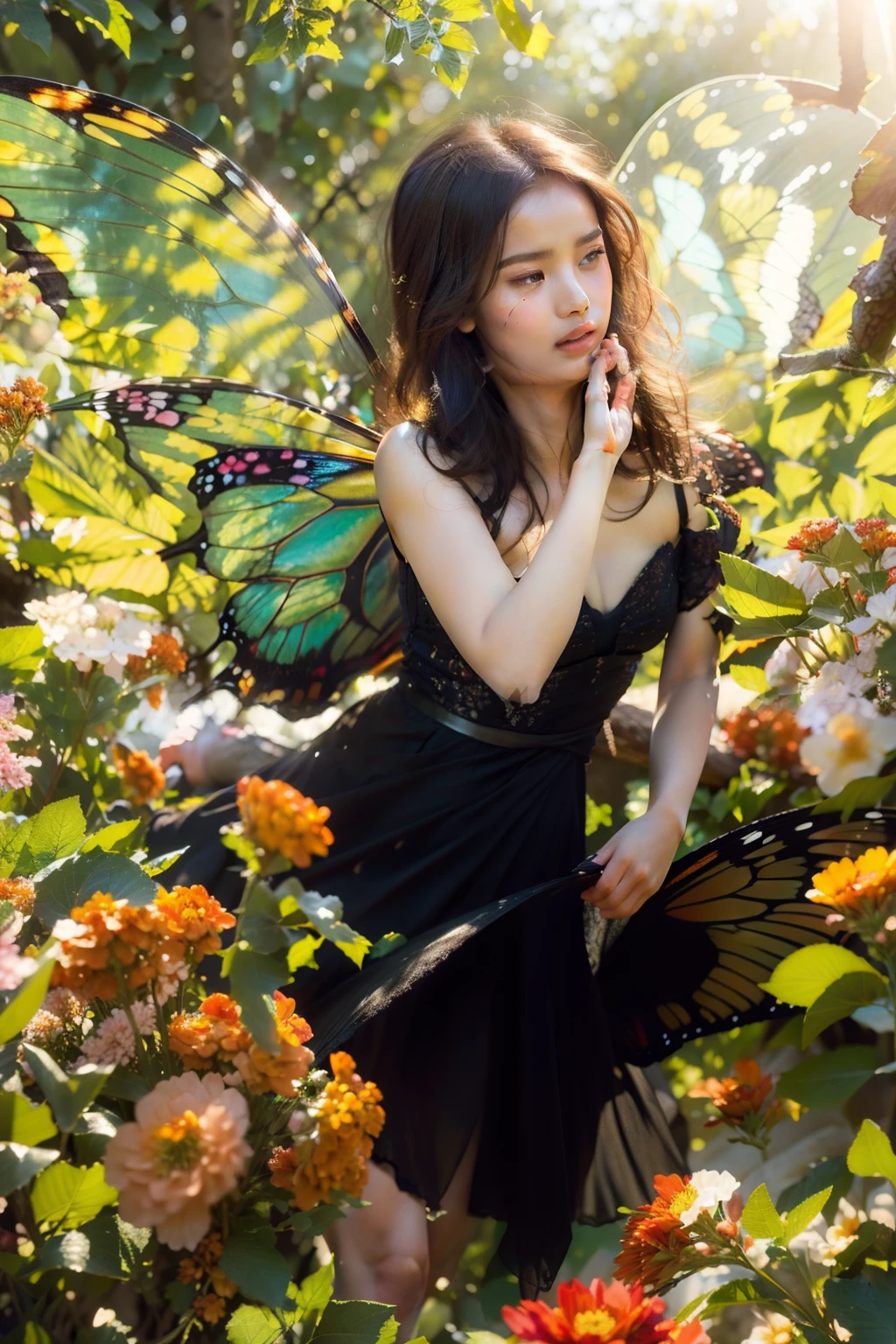 In the scene described, a serene garden serves as a backdrop, filled with beautiful flowers and lush foliage. The environment conveys tranquility and serenity. In the center of the image, stands out a woman with delicate features, her appearance reveals a certain fragility. She is standing, facing the observer, her gaze turned upwards, as if contemplating something beyond the earthly world. The woman's back is adorned by large butterfly wings, which unfold gracefully. The wings are majestic, with vibrant colors and intricate patterns. They symbolize the transformation and freedom she found on her journey. The image resolution is in 8K, providing a sharp view rich in detail. Every petal of the flowers, every detail of the leaves and every pattern of the butterfly wings are carefully represented, enriching the visual experience with their realistic textures. Sunlight bathes the environment, creating a bright and inspiring context. The sun's rays pierce through the trees, casting soft shadows and highlighting the vibrant tones of the flowers. The woman, immersed in this environment of light, is the focal point of the image, conveying a sense of serenity and empowerment. This scene captures the moment when the woman embraces her transformation and finds freedom through butterfly wings. His upward gaze suggests a connection to something greater, as if in tune with the nature and mysteries of the universe. It's an image that inspires reflection on the ability to reinvent oneself and fly beyond self-imposed limitations.