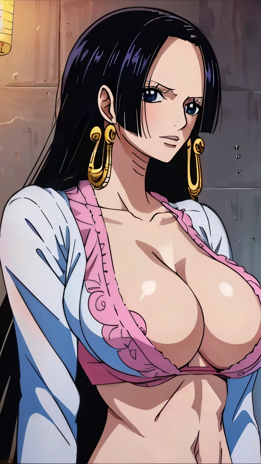 Boa Hancock from One Piece, White and pink maid dress, Oversized breasts, cleavage, Charm, Flirting, Looking at the audience, Thin skin, Highly refined, diffuselighting, surrealism, Movie lighting, Black long hair, Hime cut hair style, tits showing, milking, pink tits, perfect tits, NSFW, , naked