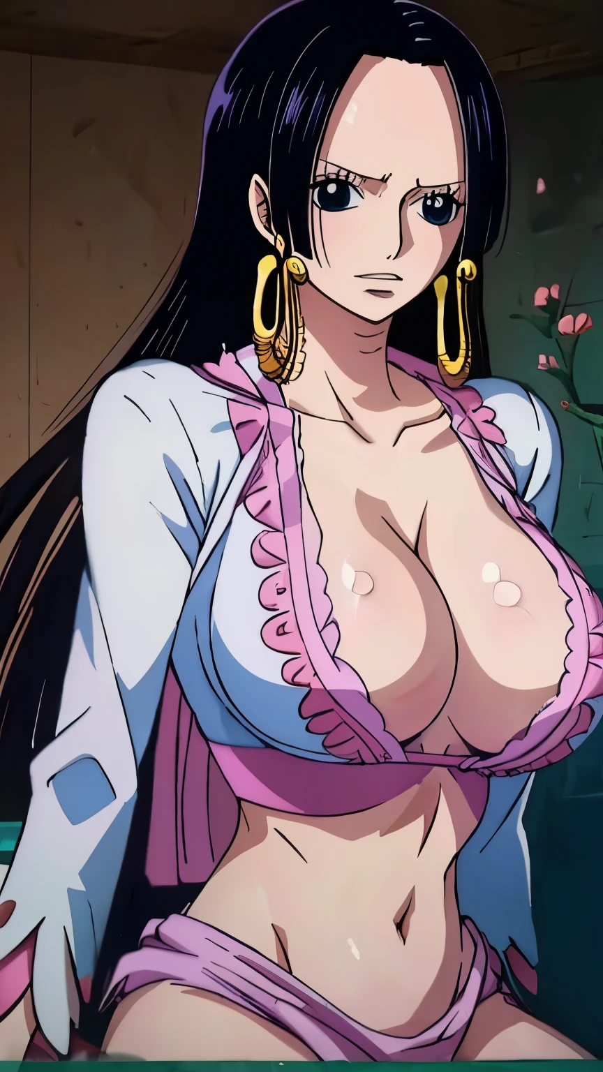 Boa Hancock from One Piece, White and pink maid dress, Oversized breasts, cleavage, Charm, Flirting, Looking at the audience, Thin skin, Highly refined, diffuselighting, surrealism, Movie lighting, Black long hair, Hime cut hair style, tits showing, milking, pink tits, perfect tits, NSFW, , naked