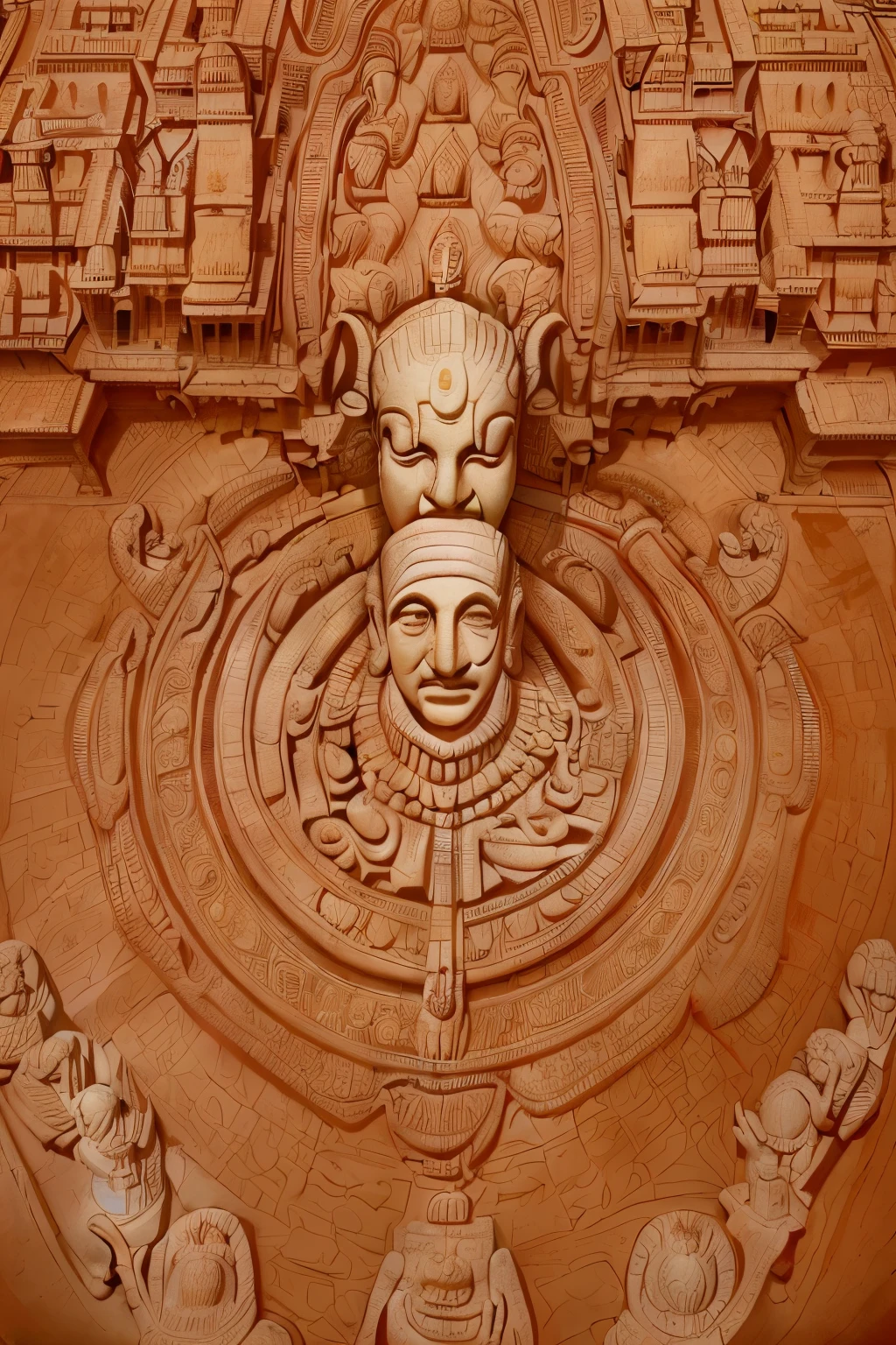 Incomparable masterpiece, perfect artwork, (historical significance:1.5), Modi, prime minister, intricately dressed in traditional Indian attire, (saffron color:1.2), turban, (elongated face shape:1.3), intense eyes reflecting the solemnity of the moment, (hands folded in prayer:1.1), against the backdrop of the grand, ancient Ram Temple in Ayodhya, (intricately carved:1.4), in the year 2024, (detailed architecture:1.3), best quality, super high resolution, (realism:1.4), the people in the background cheering