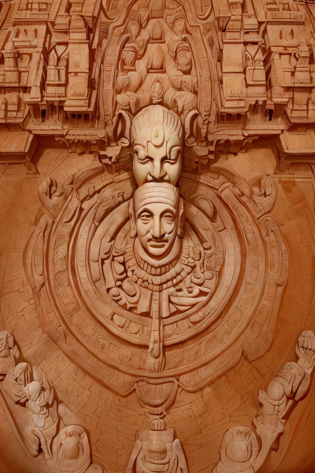 Incomparable masterpiece, perfect artwork, (historical significance:1.5), Modi, prime minister, intricately dressed in traditional Indian attire, (saffron color:1.2), turban, (elongated face shape:1.3), intense eyes reflecting the solemnity of the moment, (hands folded in prayer:1.1), against the backdrop of the grand, ancient Ram Temple in Ayodhya, (intricately carved:1.4), in the year 2024, (detailed architecture:1.3), best quality, super high resolution, (realism:1.4), the people in the background cheering