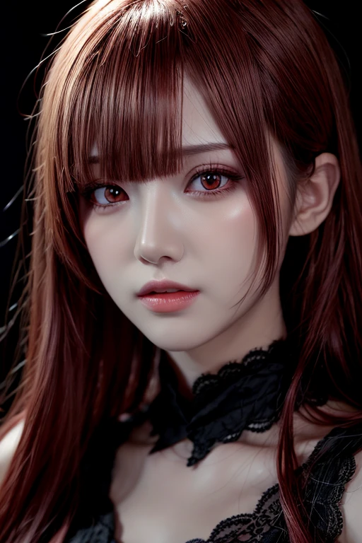 1girl, star eye, blush, perfect illumination, red hair, red eyes, unreal engine, sidelighting, detailed face, bangs, bright skin, simple background, dark background, 