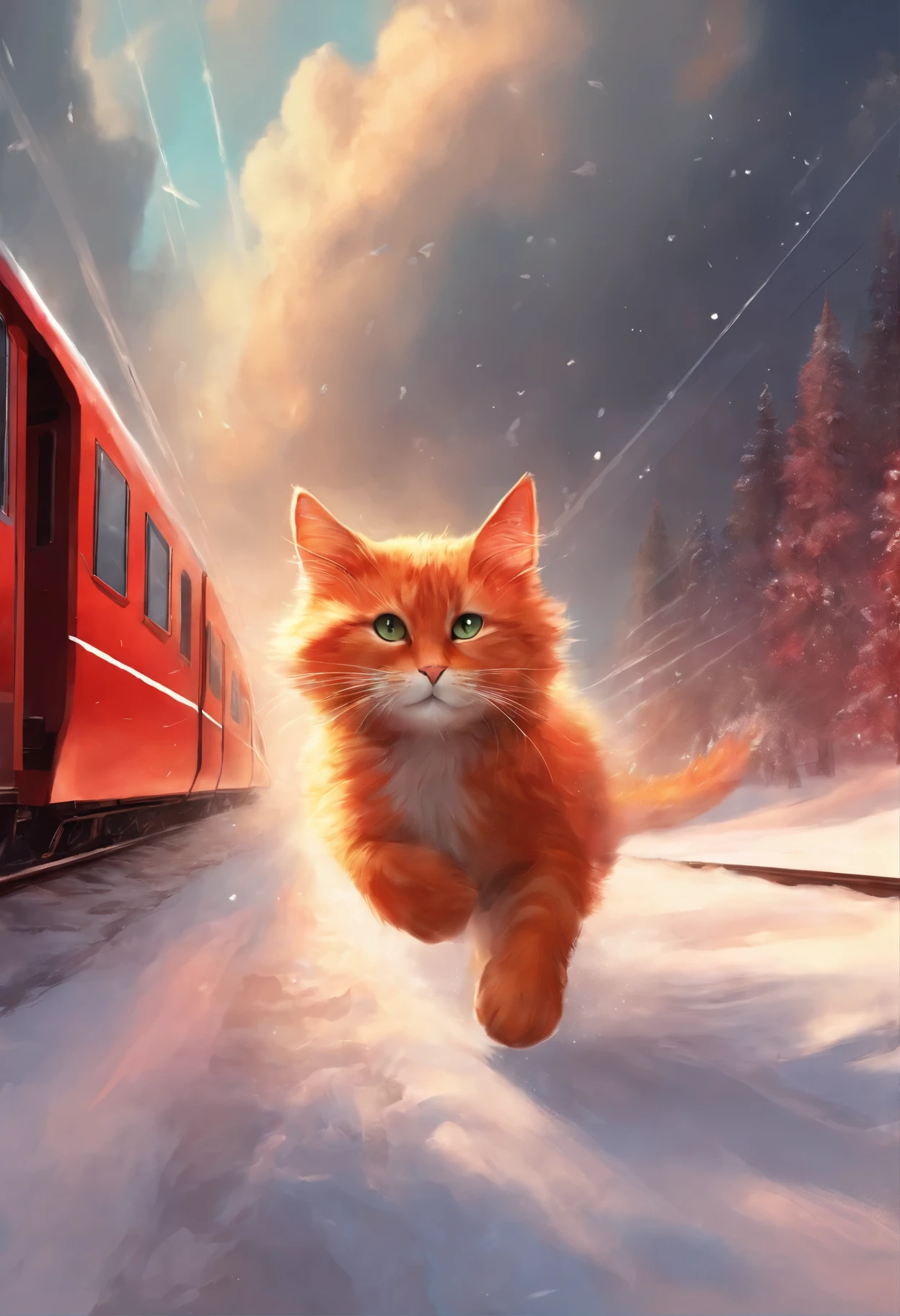 A red cat running after a departing train, The train goes into the sky with a red cat guide, snow is swirling in the sky.,