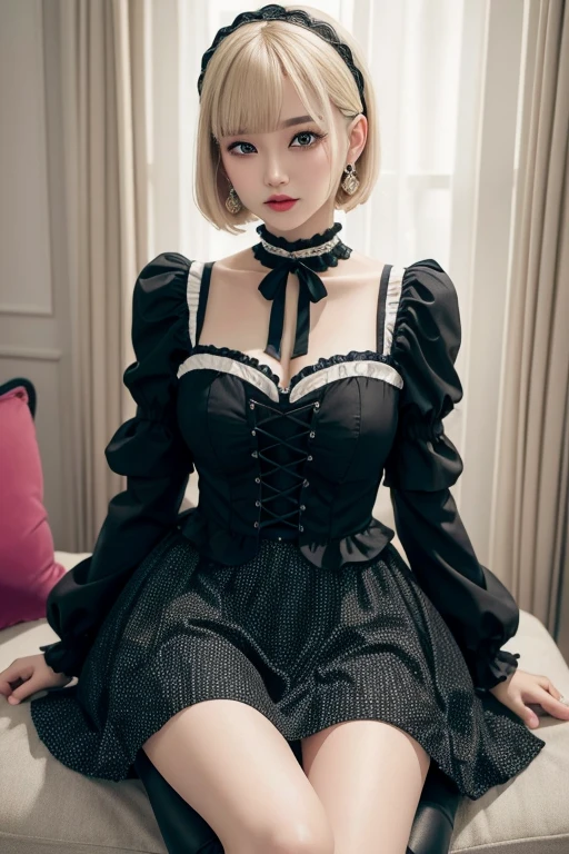 ((highest quality)), ((masterpiece)), (be familiar with), perfect face、20-year-old、gothic  fashion、gothic lolita clothes、double eyelids、tear bag、beautiful eyes、blonde、short bob、skirt、indoor、normal brightness lighting、earrings、necklace、high socks、boots、Composition that shows the entire body、sexy pose、Outstanding style、In detail down to the fingers、high resolution、High definition