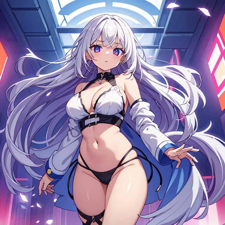 girl,thin,Navel exposed,barefoot,white hair,red pupils,Bare buttocks,Hands hanging from the ceiling,Tiptoes touch the ground,Long hair all over the body