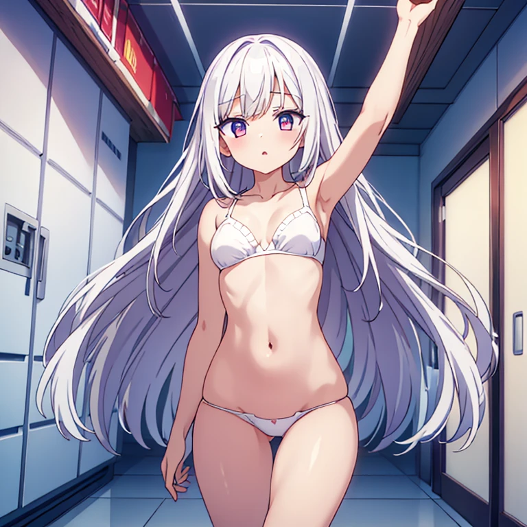 girl,thin,Navel exposed,barefoot,white hair,red pupils,Bare buttocks,Hands hanging from the ceiling,Tiptoes touch the ground,Long hair all over the body