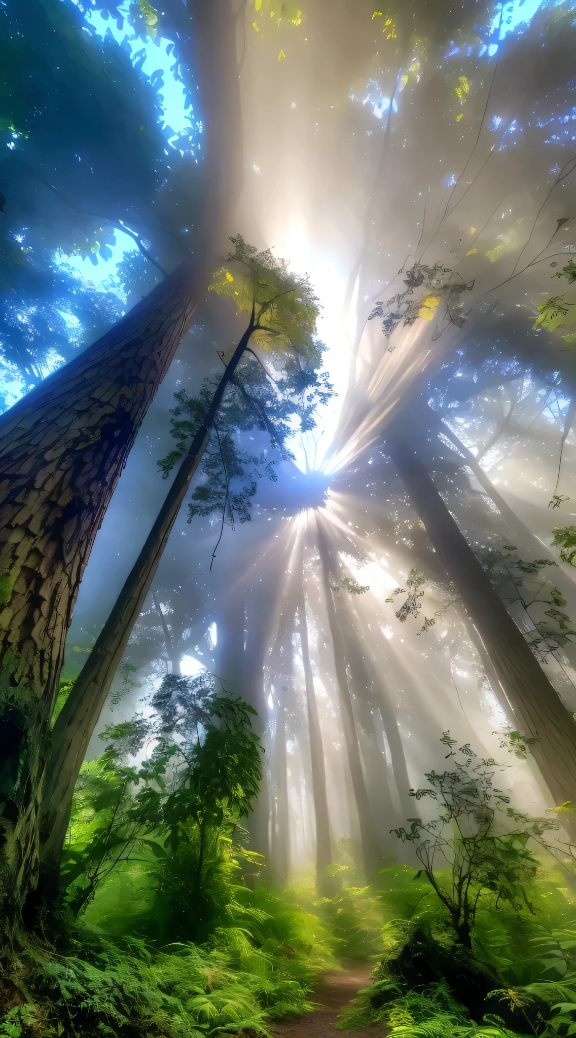 Sunlight passing through trees in the forest,There is a small road, in a foggy Carmine森林, forest ray light, Ethereal beams, Carmine森林, in a Carmine森林, in the Carmine森林, beautiful ancient forest, beautiful light, rays of life, Carmine, Look majestic in the forest, surreal canopy, enchanted forest, mangrove canopy love, Huge forest trees