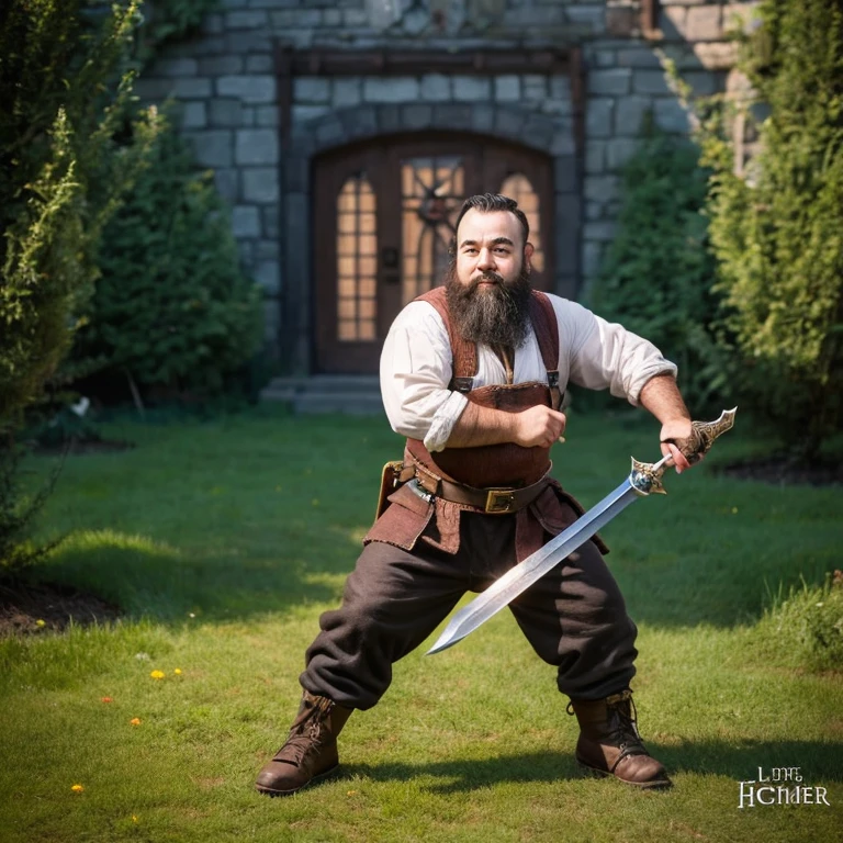 A male dwarf nature with two sword in his pocket and little hammer on his hand using blacksmith outfit