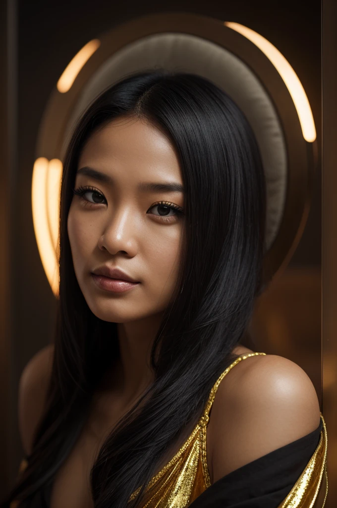 realistic attractive cyberpunk black Asian girl, sitting on a futuristic golden throne, full face close up, 85mm cinematic lighting,