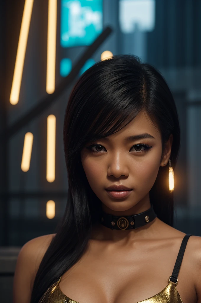 realistic attractive cyberpunk black Asian girl, sitting on a futuristic golden throne, full face close up, 85mm cinematic lighting,