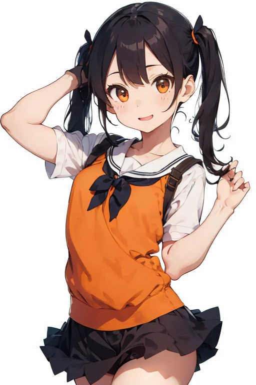 girl with pigtails、primary school student、Orange clothes、short skirt、white blouse、breast enhancement、Turn around、cute、white background