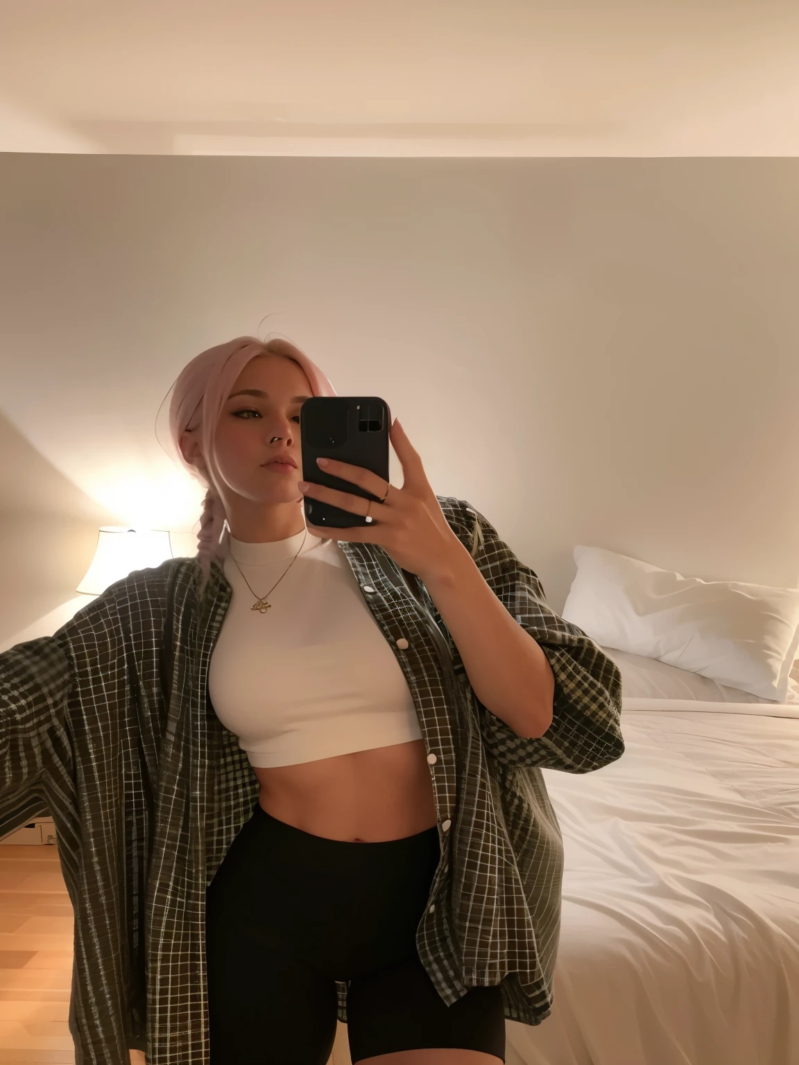 there is a woman taking a selfie in a bedroom, mirror selfie, 2 4 old female model, instagram model, wearing a fisher 🧥, wearing no top, physical : tinyest midriff ever, profile image, 😭 🤮 💕 🎀, she is wearing streetwear with her small breasts exposed, instagram selfie, nice tits and strong abs, wearing no top