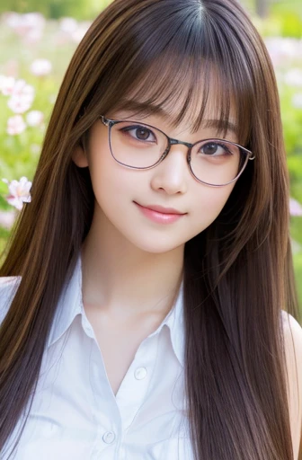 highest quality, soft light, ultra high resolution, (realistic:1.4), full_body,RAW photo, 1 japanese girl, alone, cute, (pupil, light in the eyes), detailed beautiful face,(High resolution details of human skin texture), (long hair), outdoor, (portrait),spring,smile,skirt,shoes,sox,pink rimmed glasses
