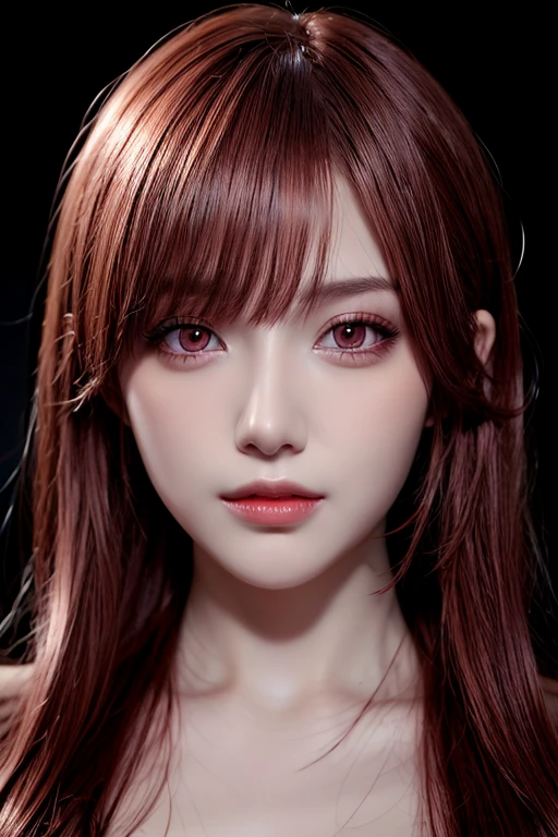 1girl, star eye, blush, perfect illumination, red hair, red eyes, unreal engine, sidelighting, detailed face, bangs, bright skin, simple background, dark background, NSFW