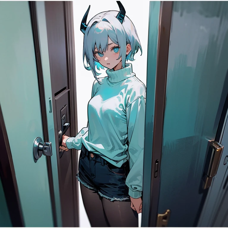 (Masterpiece: 1.5, best quality, high resolution: 1.3, super resolution, super detailed, ultra detailed: 1.3, rich background: 1.2, 1 woman)) deep blue eyes + wavy white hair + very short hair + female body + chest large + medium hips + thick thighs + long legs + blue oeckle horns (oversized turtleneck shirt with long sleeves, short jean shorts, dark pantyhose) ((confused expression, opening a door , striking eyes)) (colors for clothing and accessories: white, black, aquamarine green, blue)