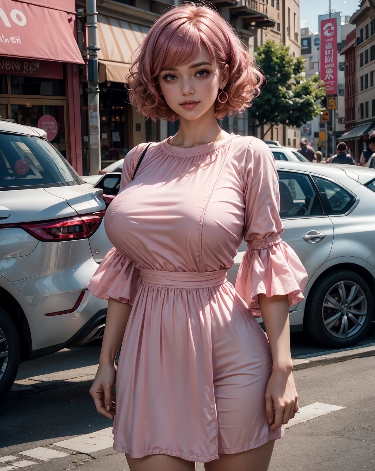 a woman in a pink dress posing for a picture, trending on patreon, buxom, pink shirt, sfw huge breasts, big bust, wearing a blouse, youtube thumbnail, big breasts, patreon content, young and cute girl, cute young woman, light pink, large bust, curly and short top hair, 1, smily face, cute girl with short black hair