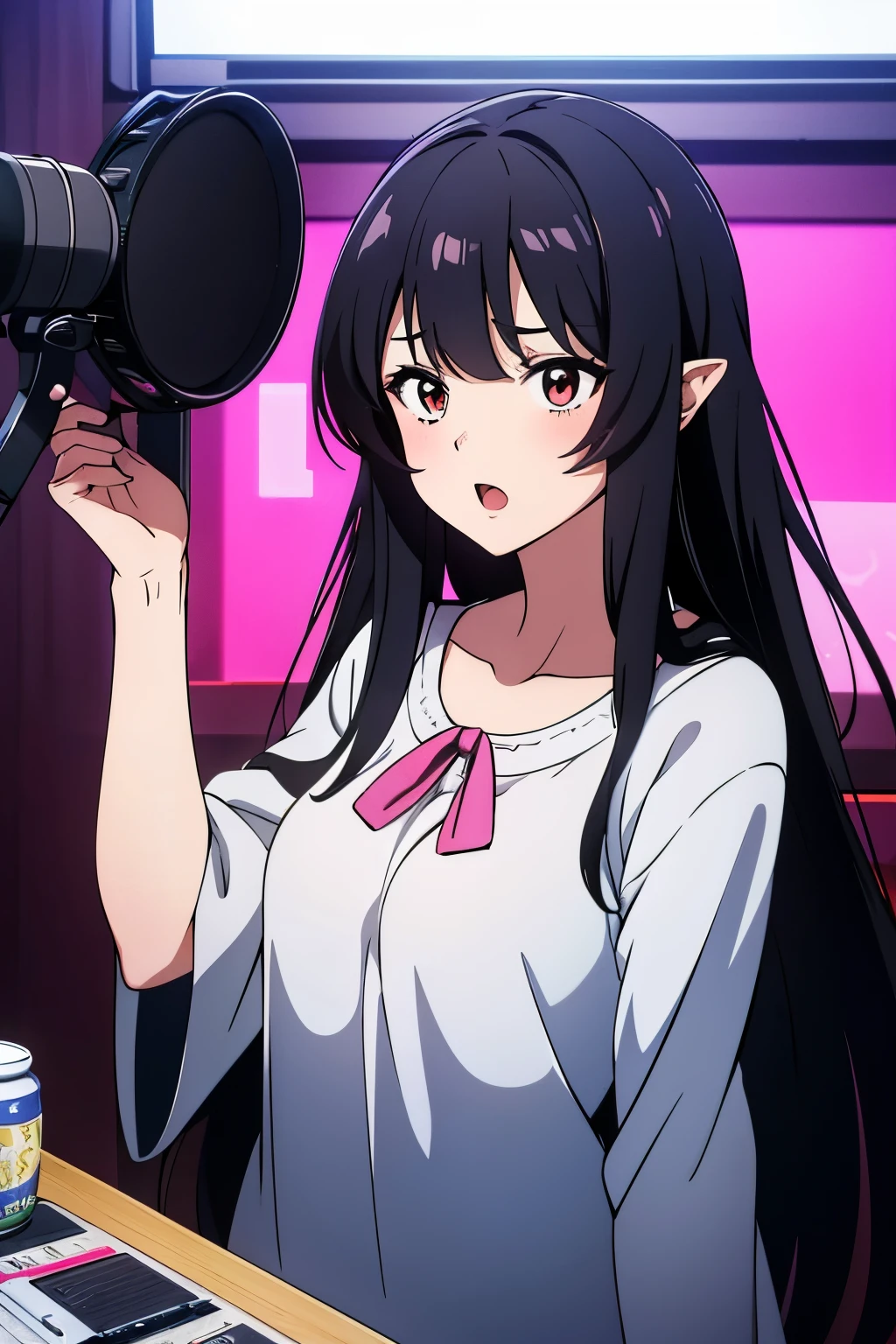 masterpiece, highest quality, {highest quality}, {{masterpiece}}, {High resolution}, girl, concentrated, anime style, Girl Design, bust up shot, anime images, long hair, black hair, straight-eyed, hair covering ears, open mouth, Romantic clothes, Radio Studio, Speak into the microphone, colorful, color