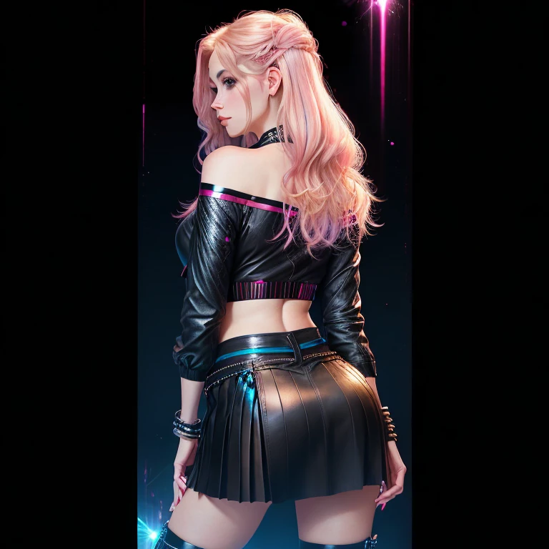 In the heart of a captivating scene, a 25-year-old girl with a cute, enchanting face stands proudly. Dressed in a black and red blouse that accentuates her thin, tall, and fair complexion, her fingers gracefully rest on her waist, each one adorned with a shiny black nail. Her long, blonde and pink hair cascades down her back in soft waves. Upon her feet, black leather boots reach up to her mid-calf, adding an alluring edge to her ethereal appearance.
Sky blue wing-shape contact lenses elegantly frame her sparkling, captivating blue eyes. A black leather skirt with strings