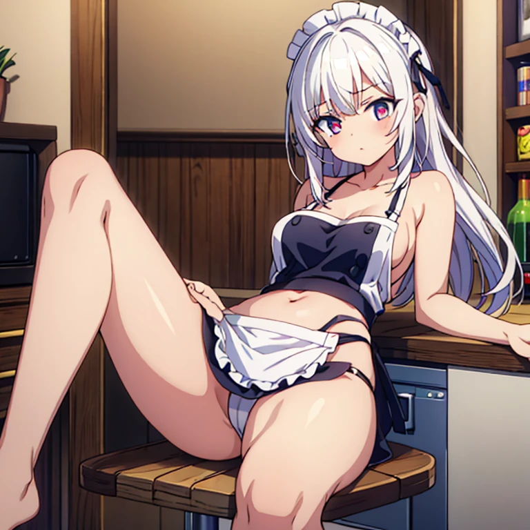 girl，thin，Navel ，barefoot，，white hair，red pupils，kitchen，apron， buttocks，