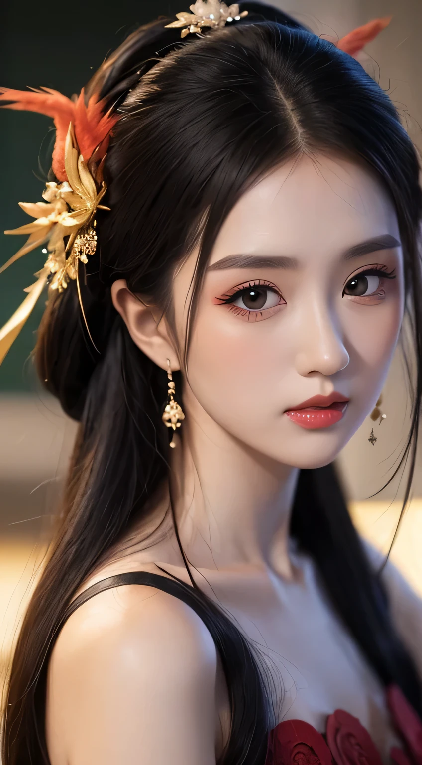 1 beautiful girl from hell, in the darkness: 1.6), 大卫霍克尼和阿尔方斯穆夏的Surreal女性肖像, realistic art, Chinese super cute doll, Cute little face,photorealism, dynamic lighting, art station, Volumetric lighting, Very detailed faces, round face, round chin, 8k ultra, won, in the darkness, deep shadow, low profile, denim lenses, (red phoenix dress: 1.4), long hair, black hair, broken to pieces, luxurious palace, royal style, Demon Crown, Red eye makeup is very sharp and detailed, the most beautiful face, The breasts are big and round, Surreal, Chinese women's clothing, polo neck sweater, charming smile, Eye makeup is very good, Eye bags under wet makeup, guweiz, Dunhuang style, Wearing black fishnet stockings, ponytail,Tie a bow at the back of your hair, red lipstick, thick upper lip, small red lips, Wearing a thin red and black robe, Pull the shoulder strap with both hands,Expose sexy breasts, The weather is gloomy and thunderous, (upper body portrait), Protagonist close-up, (Background details 1.8),human development report, ultra high definition, 8K quality, detailed pixels,
