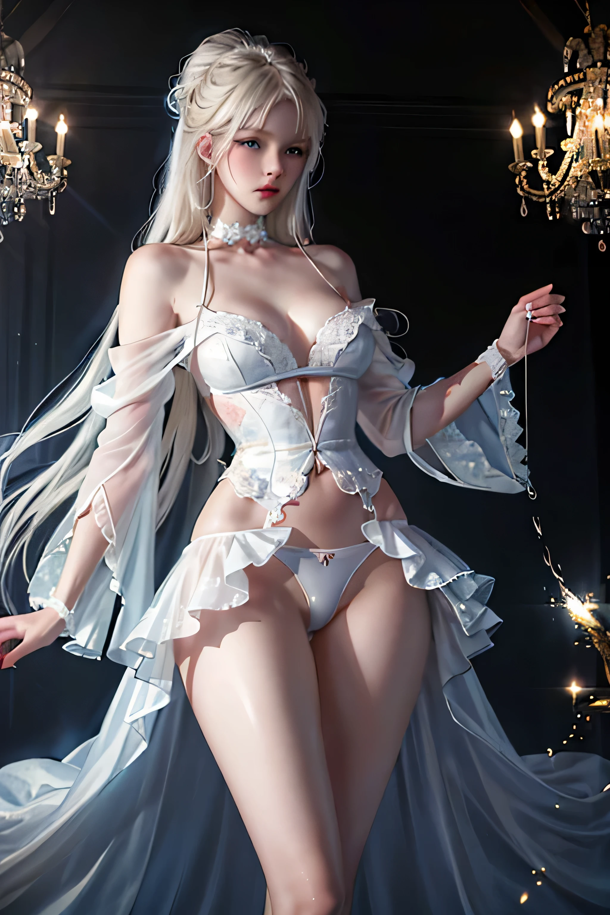 幻想的な空間に佇むbeautiful女性, (Off-shoulder translucent white one-piece skirt flare）, 8K, masterpiece, highest quality, expensive,(Various photo actions), (very beautiful blue eyes)face,(long legs),(Slim sexy body),(背のexpensive女性), alone, beautiful, Lovely, adorable, white skin,(Scandinavian German young girl), (Black underwear shows through),