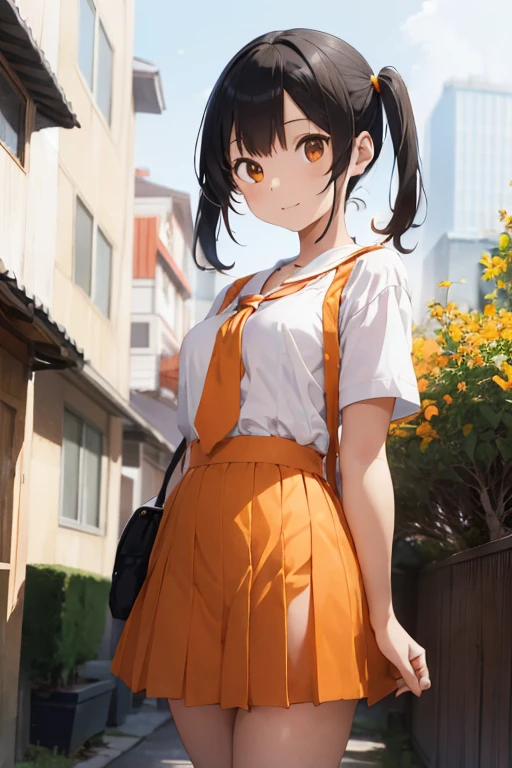 girl with pigtails、、Orange skirt、Best of Orange、Orange tie、short skirt、white blouse、Composition of the upper body、Turn around、cute、white background、No building、small breasts