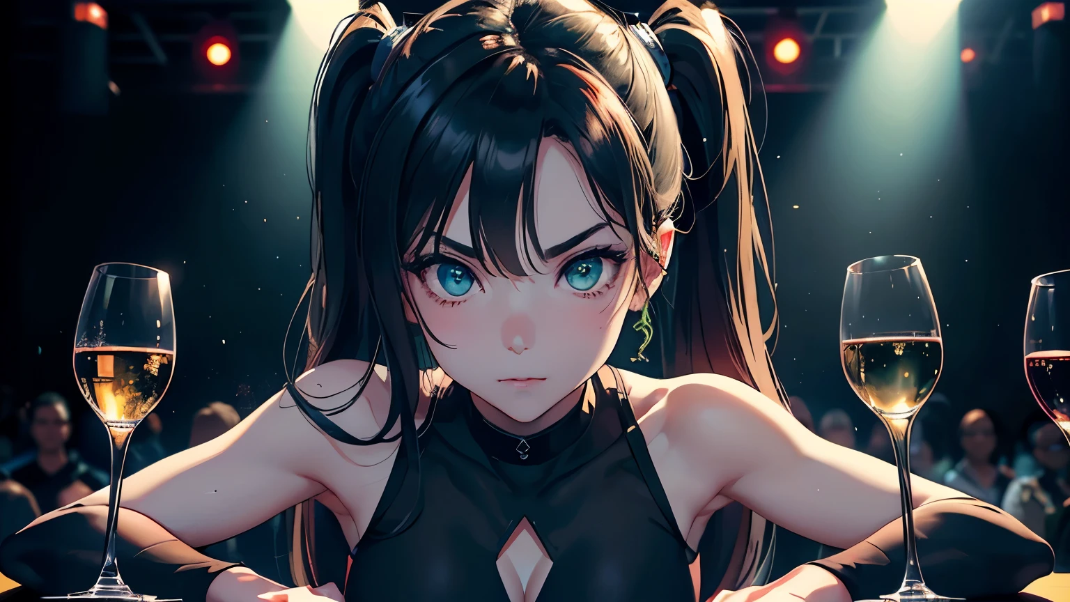 wide angle, 4K, A high resolution, Best quality at best, tmasterpiece, perfect colors, perfect shadow, perfect litthing, ((sportrait)), bright green eyes，With round lenses, The audience watched carefully, (s face: 1.2), Perfect female figure， ((90s crop top)), ((looking and shy at viewert)), (Perfect thick white eyebrows) Delicate fur, 详细s face, s the perfect shy face, At a  in an underground dance club , (Drink a glass of wine standing), Comfortable background, perfect  decoration, lighting atmosphere, ((Bonifasko lighting)), (The round lenses on his eyes)(詳細な目), Perfect studentม half body