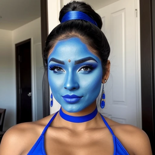 Sexy Latina woman,blue face makeup, ponytail,genie