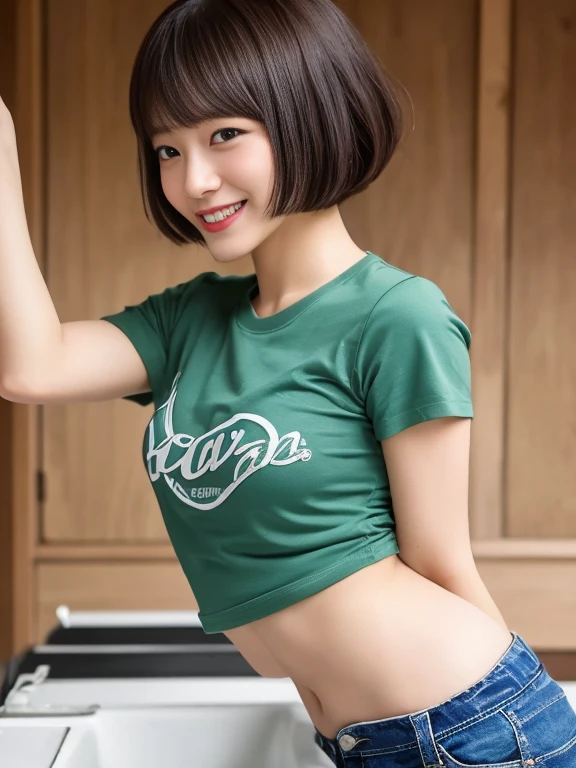 top-quality,masterpiece,Raw photography,8K,Top image quality,hight resolution, 18 years old Japanese female idol ,Beautuful Women,cute Japanese girls, Pretty Woman ,Beautiful face in every detail, aegyo sal ,small head, seductive smile ,Realistic human skin, pale skin ,cut model , Short hair ,bowl cut ,skinny body ,Sweat, t-shirts,rib ,(low rise pants,from side, put one's hand inside one's clothes ), navel focus, arched back,