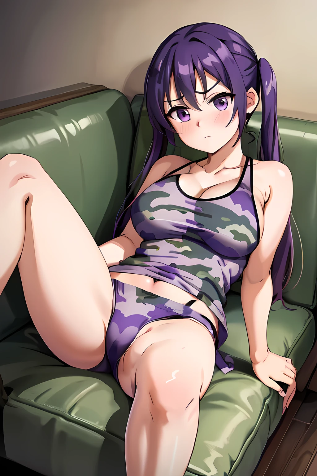 ((highest quality)), (masterpiece), purple hair, long hair, twin tails, purple eyes, bangs, blush, hair between eyebrows, Sullen face, big breasts, Camouflage pattern tank top, purple panties, Pose leaning back, (spread your legs),  restaurant, sofa, from the front, 