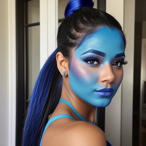 Sexy Latina woman,blue face makeup, ponytail,genie