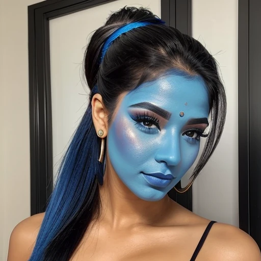 Sexy Latina woman,blue face makeup, ponytail,genie