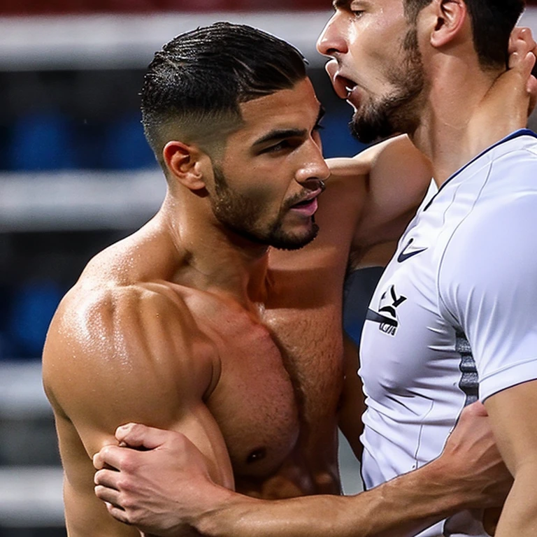 2 Capitanes musculosos de futbol americano  inconscientes y sin camisa, masturbated and kissed on the mouth by another young man smaller and thinner than them, Bulto grande, mostrando pectorales y abdominales completos,wet dreams, Great erection, besos, porno gay, fondled