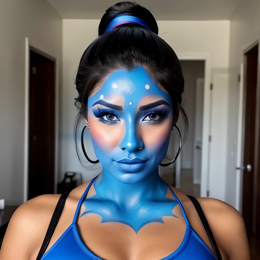 Blue face makeup,(masterpiece) blowjob, sexy women, bight blue lipstick, black and white eyeshadow, sucking cock, gagging cock,1girl,penis