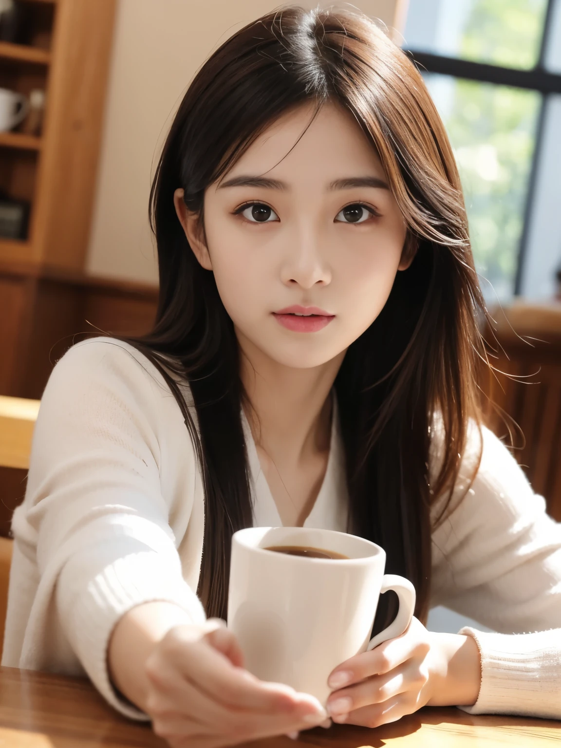 (16K, highres, absurdresmasterpiece, best quality, ultra detailed, exquisite, beautiful), delicate facial features, beautiful japanese idol, late teens, 19year old, woman, in the cafe, coffee cup, looking at viewer, realistic portrait, raw photo, ultra realistic photo, upper body, front view, golden ratio, cinematic lighting, in focus with blurred background, 