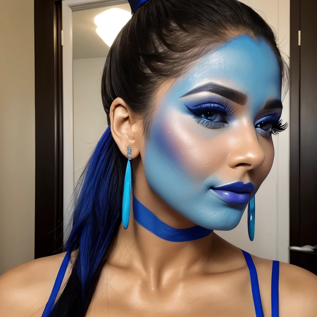 Sexy Latina woman,blue face makeup, ponytail,genie