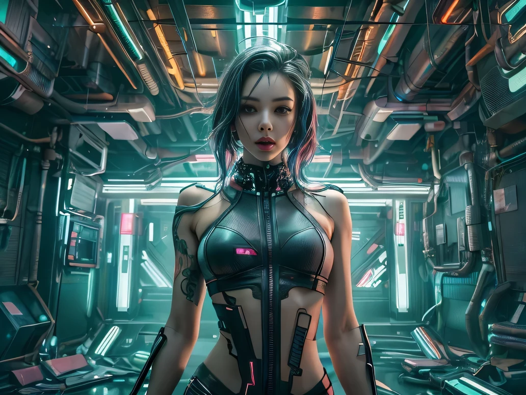 cyber punk Girl, lingerie, (beautiful and fine eyes:1.5), (highest quality, 8K, 32K, masterpiece:1.3), (ultra high resolution), (Photoreal:1.4), (RAW photo), perfect eyes, charming perfect figure, action pose:1.2, detailed cyberpunk fashion, Cyberpunk world, written boundary depth, blurred background, (cyberpunk room),