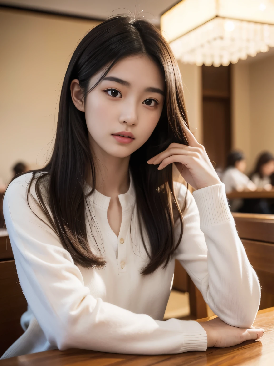 (16K, highres, absurdresmasterpiece, best quality, ultra detailed, exquisite, beautiful), delicate facial features, beautiful japanese idol, late teens, 19year old, woman, in the cafe, coffee cup, looking at viewer, realistic portrait, raw photo, ultra realistic photo, upper body, front view, golden ratio, cinematic lighting, in focus with blurred background, 